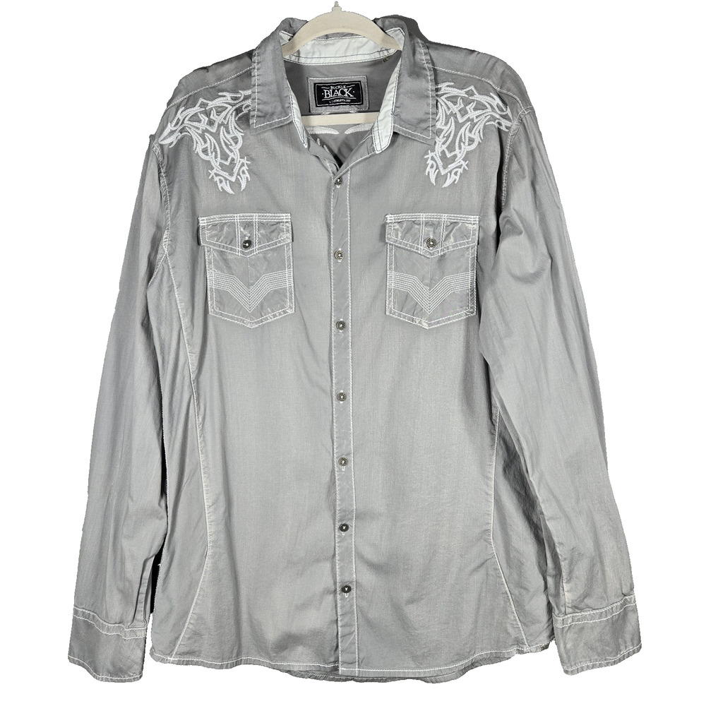 Buckle Black Mens Large Athletic Fit Shirt Gray Embroidered Western Button Up LS